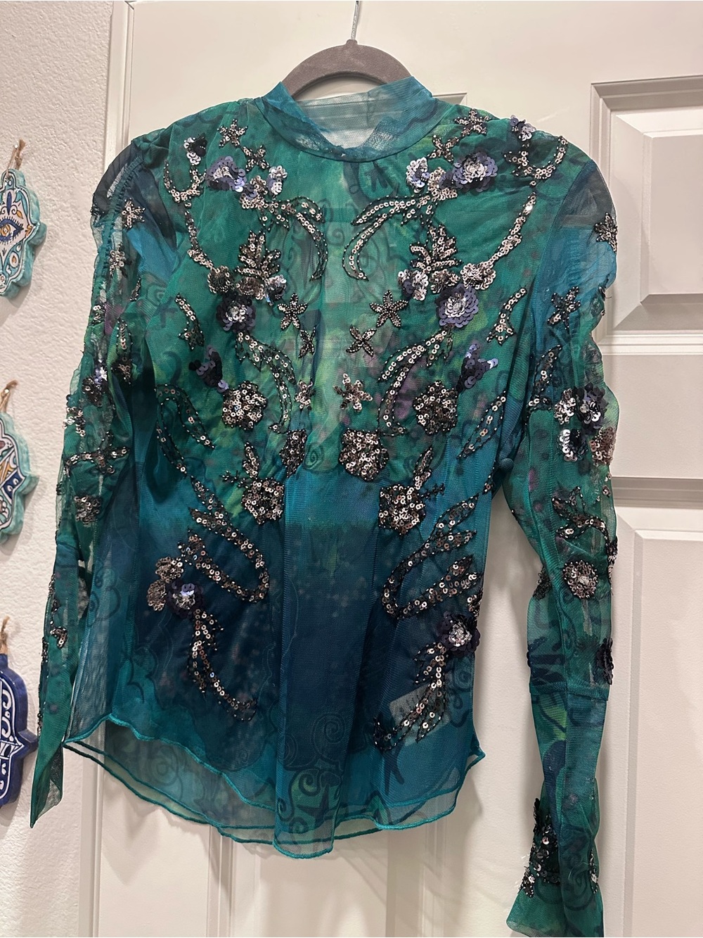 Free People with tags Teal & tGreen Sequin Embellished Sheer Blouse